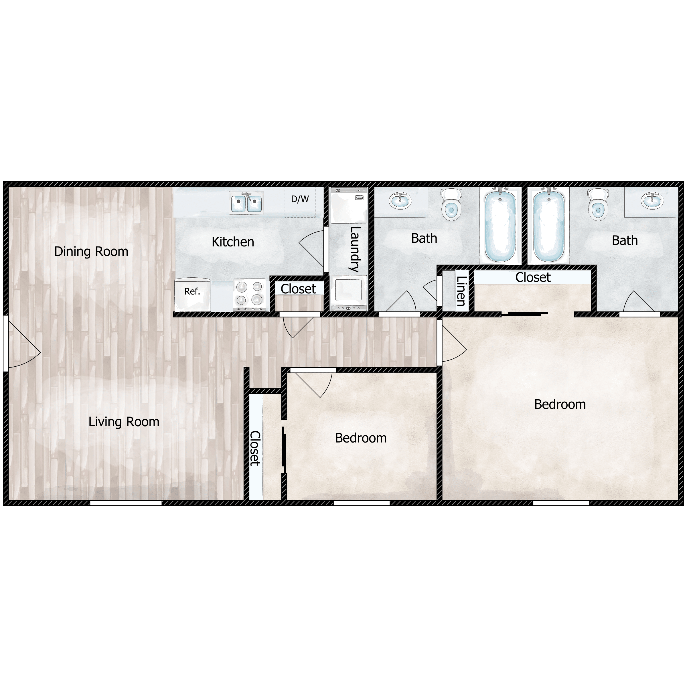 Floor plan for 2 beds, 2 baths, 888 sqft